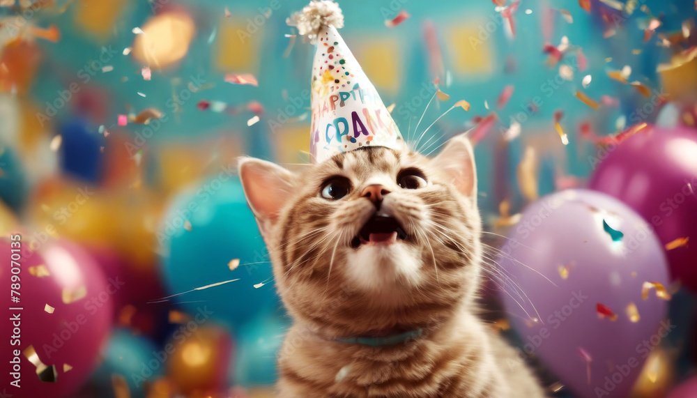 Φωτογραφία hat concept  Birthday confetti wearing confetti  Happy cute cat flying smiling c