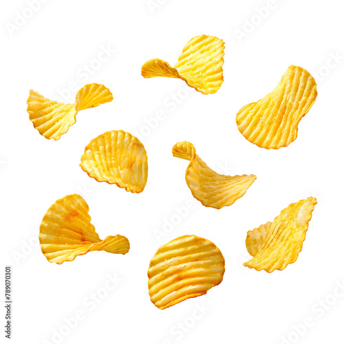 Rippled potato chips flying isolated on transparent background