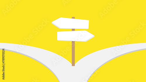 A wooden signpost with two blank directional signs standing at a road bifurcation, set against a yellow background