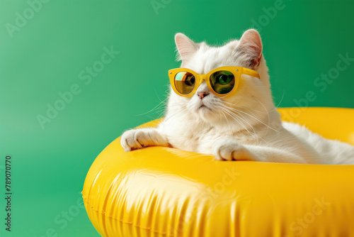 white cat wearing sunglasses sitting in a small yellow pool ring with a green background 