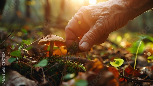 A hand pluck a wild edible porcini in the forest, close-up photo