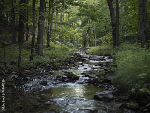 Forest Stream  Babbling Waters Amidst Lush Foliage