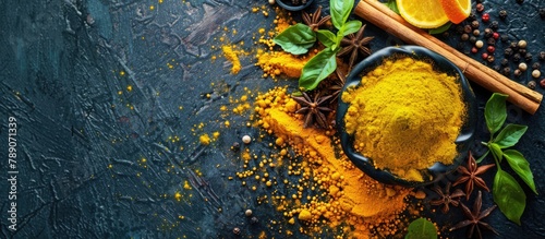 Copy space surrounded by a blend of culinary spices including turmeric and peppercorn.