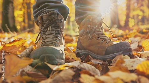 Closeup of feet in hiking boots in a clearing among fallen leaves in a sunny autumn park Lifestyle concept outdoor walk : Generative AI photo