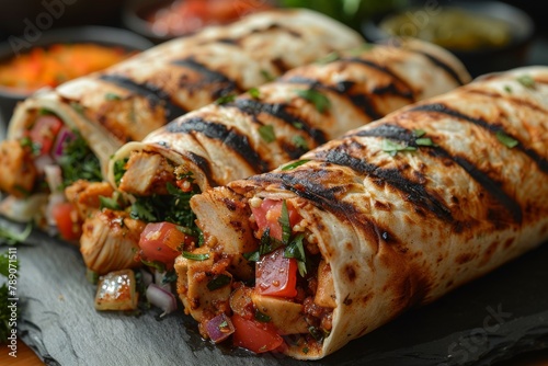 A close-up of a delectable grilled chicken wrap, filled with spicy chicken and vibrant, fresh salsa, perfectly grilled for a delightful meal photo