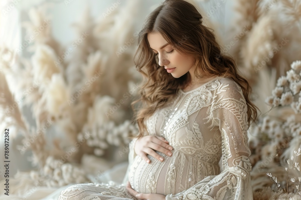 A portrait of an expectant mother gently holding her belly, surrounded by soft textures and neutral tones A portrait of an expectant mother gently holding her belly, surrounded by soft textures and neutral tones