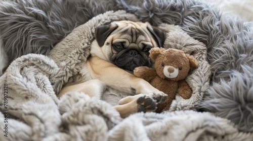 A pug snuggled up in a cozy bed with a plush toy, embodying the comfort-loving and cuddly nature of these affectionate lap dogs.