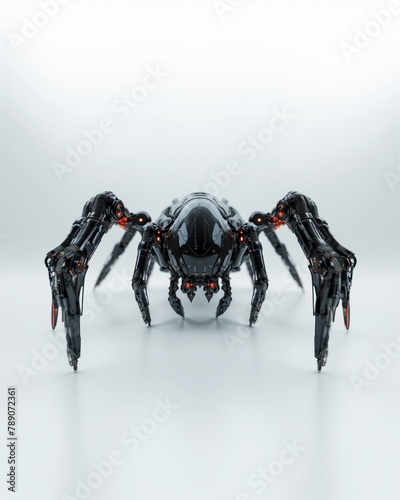A dark, metallic spider with glowing red eyes stands on a reflective surface.