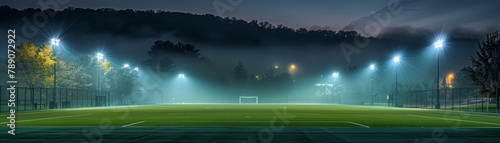 A wide shot of a soccer field at night. The stadium is empty and the lights are on. There is a slight fog over the field.