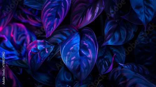 intense blue and violet tropical plant glowing neon exquisite leaves close up abstract nature background dark blue and purple toned Leaf details Future exotic trendy concept daring col : Generative AI photo