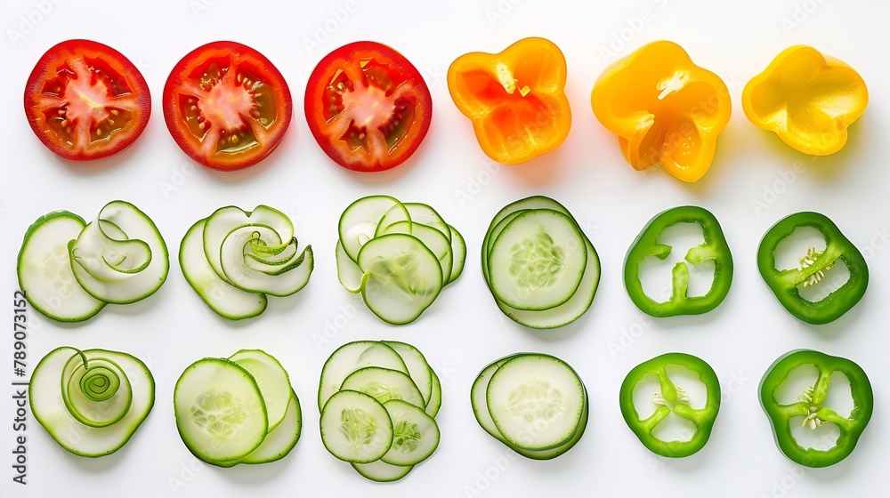flat lay composition of fresh raw various colorful sliced vegetables isolated on white background top view : Generative AI flat lay composition of fresh raw various colorful sliced vegetables isolated on white background top view : Generative AI