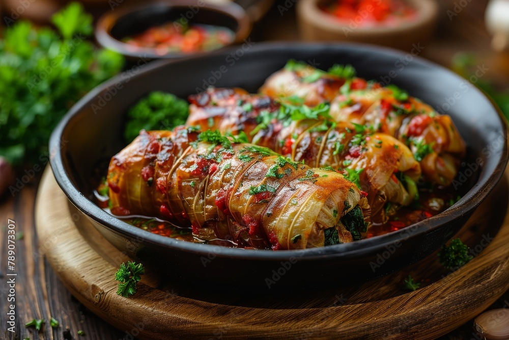 Freshly made stuffed cabbage rolls topped with a tangy tomato-based sauce and herbs in a bowl Freshly made stuffed cabbage rolls topped with a tangy tomato-based sauce and herbs in a bowl