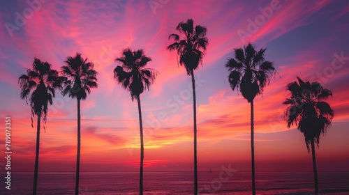Silhouettes of palm trees against a vibrant sunset sky, painting a breathtaking coastal panorama