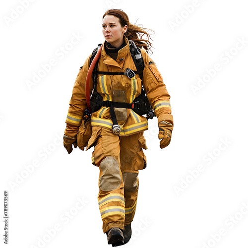 Portrait of firewoman walking, Isolated on transparent background.
