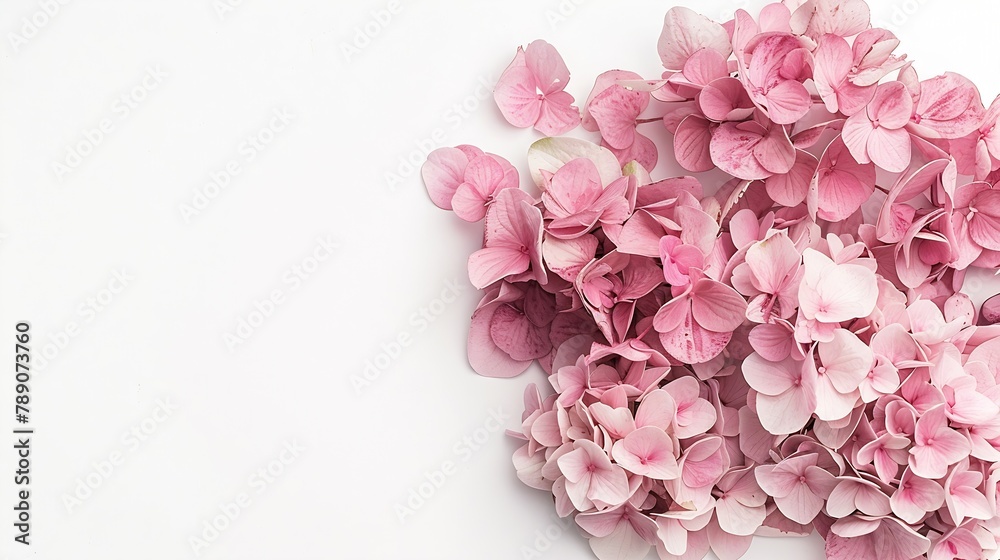 Floral arrangement with small pink Hydrangea flowers natural floral flat lay in summer seasonal style Minimal monochrome top view with copy space : Generative AI