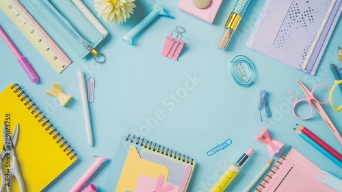 Back to school background Flat lay top view of colorful scattered stationery on isolated pastel blue table background School supplies on desk Copyspace : Generative AI