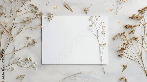 Blank wedding invitation card mockup with dried flowers on grey background Flat lay top view copy space : Generative AI