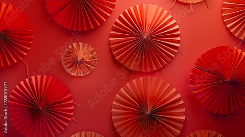 Chinese new year festival or wedding decoration over red background Traditional lunar new year paper fans Flat lay top view banner   Generative AI