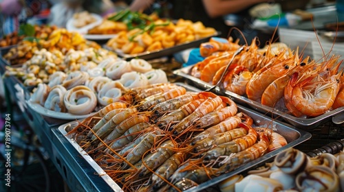 A seafood market display showcasing an assortment of fresh catches, including shrimp, squid, and fish, ready to be grilled or fried Thai-style. photo