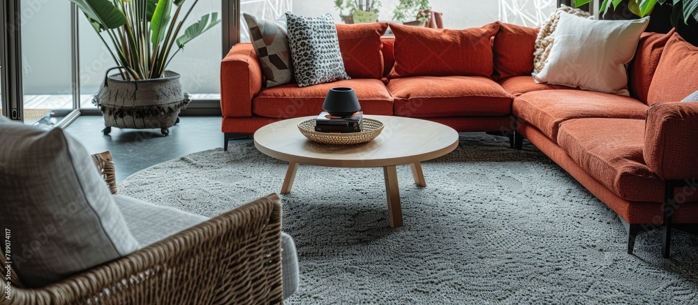 Obraz premium A genuine photograph depicting a cozy living room space featuring a circular table on a gray carpet, a woven armchair, and a red sectional sofa.