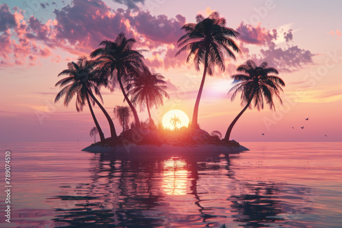 tropical island with palm trees and the sun in a sunset sky background. minimal summer vacation concept design © Rangga Bimantara