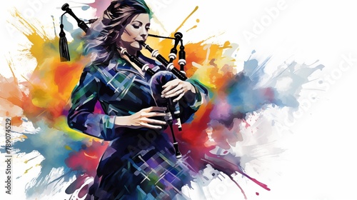 Abstract and colorful illustration of a woman playing bagpipes on a white background