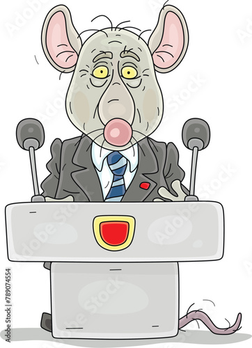 Old mangy rat official in a business suit with a tie giving its very important public speech on a rostrum with microphones at a meeting or conference, vector cartoon illustration on white