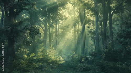 A serene forest landscape with sunlight filtering through a canopy of trees  showcasing the beauty and tranquility of mature woodlands grown from past reforestation efforts.