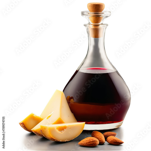 Tempranillo in a glass decanter deep crimson color served with a wedge of manchego cheese © panophotograph