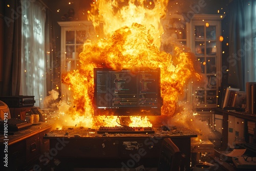 An intense image of a programmer's desk erupting into massive flames, suggesting a catastrophic tech failure
