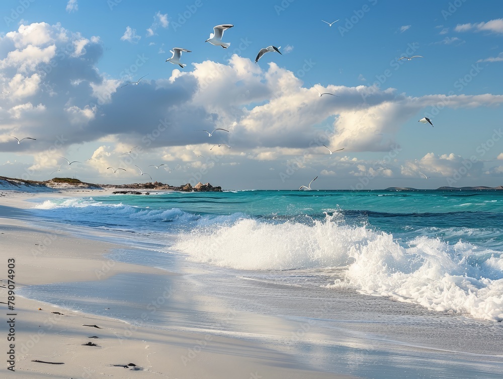 Tranquil Coastline: Waves and Seagulls Under the Sun