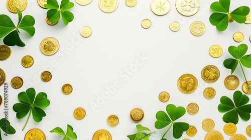 St Patricks Day concept Creative layout with frame of fourleaf clover and gold coins on white background Flat lay top view : Generative AI photo