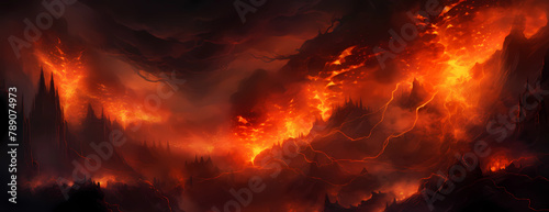 A dark fantasy background of flames and smoke