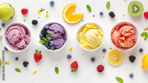 Colorful ice cream with mixed berry and various fruits raspberry blueberry strawberry orange kiwi applelemon and peppermint setup on white background  Summer and Sweet menu concept fla : Generative AI photo