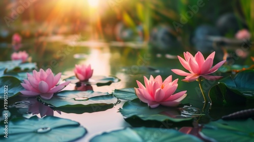 A serene lotus pond in a lush green garden  with delicate pink lotus blossoms floating gracefully on the tranquil surface of the water.