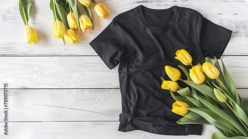 Black tshirt mockup Template blank shirt top view White wooden background Mother women day holiday Yellow tulips Woman tshirt with birthday bouquet flowers Spring look Female accessori : Generative AI photo