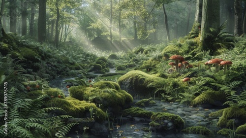 A serene woodland landscape with mushrooms scattered among mossy rocks and ferns, creating a magical atmosphere of wonder and enchantment in nature's realm.