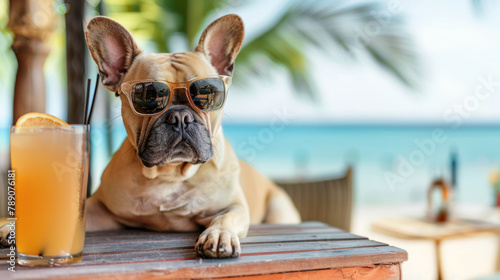 cute french bulldog wearing sunglasses sitting at a beach bar table with a cocktail © Rangga Bimantara