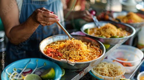 A street food vendor serving up bowls of fragrant Khao Soi noodles, topped with crispy noodles and accompanied by pickled vegetables and lime wedges.