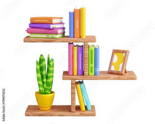 Book stack with hard cover standing and laying, and green flower in pot on wooden shelf. (ID: 789076352)