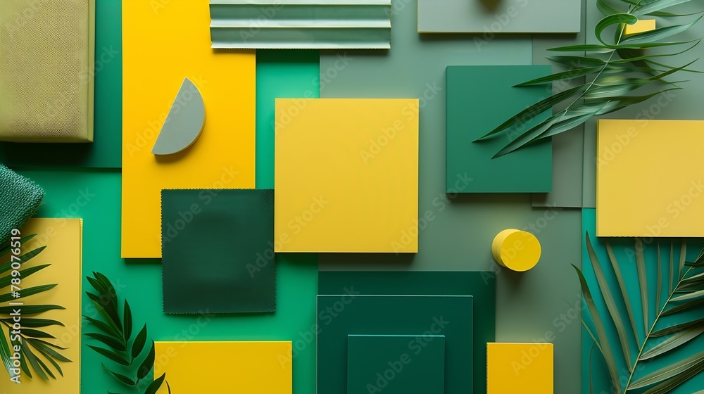 Fototapeta premium Elegant flat lay composition in green and yellow color palette with textile and paint samples lamella panels and tiles Architect and interior designer moodboard Top view Copy space : Generative AI