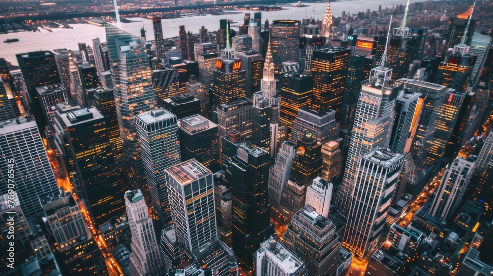 A stunning aerial view of a city skyline at twilight, with skyscrapers reflecting the golden hues of sunset and city lights beginning to twinkle.