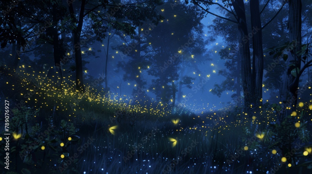 A swarm of fireflies lighting up the night sky with their bioluminescent glow, creating a magical and enchanting spectacle in a dark forest. A swarm of fireflies lighting up the night sky with their bioluminescent glow, creating a magical and enchanting spectacle in a dark forest.