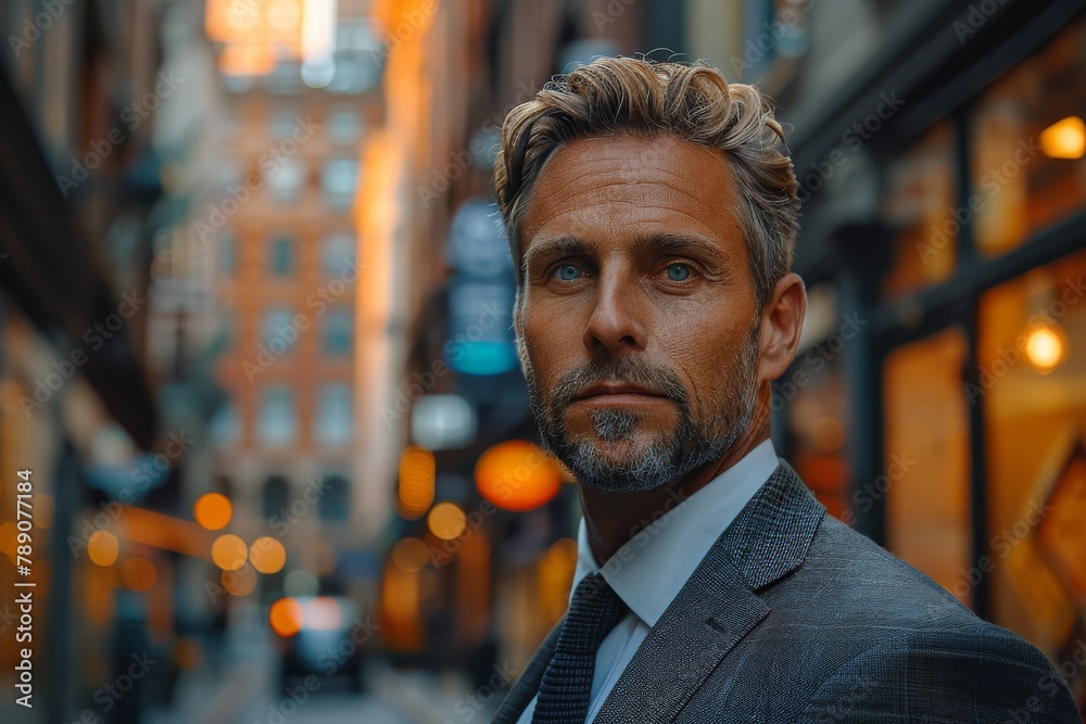 Φωτογραφία A well-dressed man stands confidently in an urban environment with soft focus ci