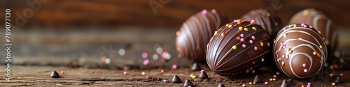 Chocolate Easter eggs over wooden background