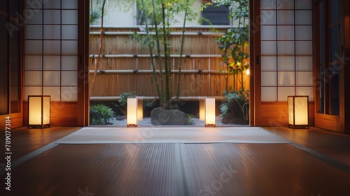 A traditional Japanese ryokan inn with tatami mat floors  sliding paper doors  and minimalist decor  offering guests an authentic cultural experience and peaceful retreat from the modern world.