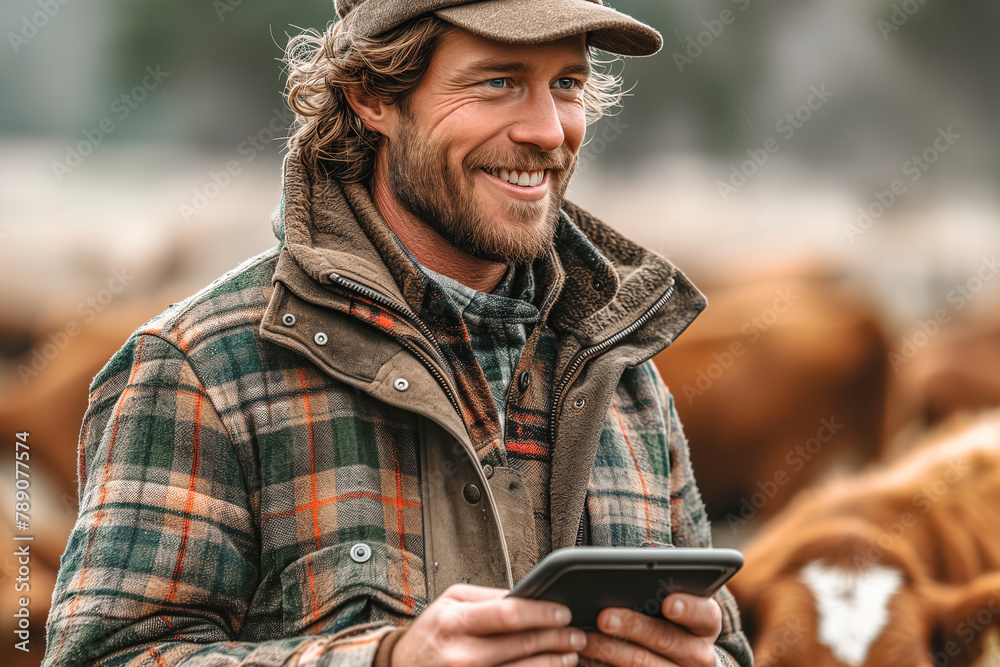Farmer with tablet and cow on pasture