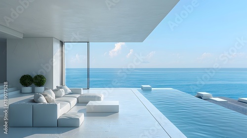 Bright style modern living room with minimalist background in the foreground, endless sea level as the backdrop, photographic style. © horizor