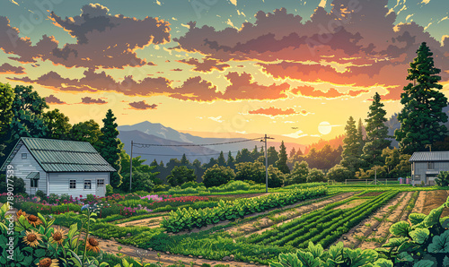 Sunrise over cultivated farm plot, a digital illustration for agriculture and sustainable living themes