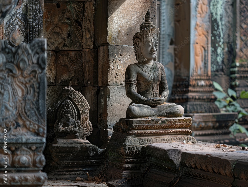 Ancient Reverie: Crumbling Temples and Weathered Statues Amidst the Ruins